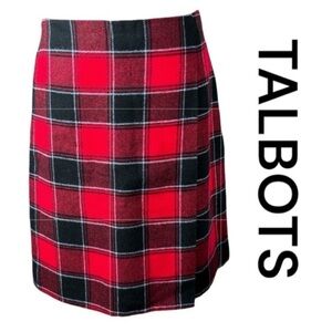TALBOTS Plaid Wool Blend Mock Wrap Skirt, Invisible Side Zip, Size 4.